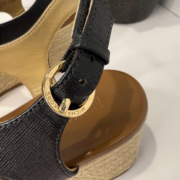 Michael Kors Laney Saffiano Leather Espadrille Wedge Sandal, Black Size 7M - Picture 2 of 9